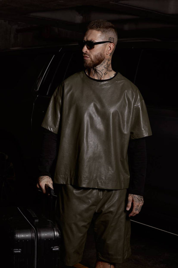 Vegan Leather Tee Army Green - ONE New York