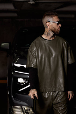 Vegan Leather Tee Army Green - ONE New York