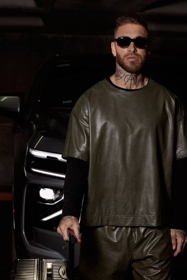 Vegan Leather Tee Army Green - ONE New York