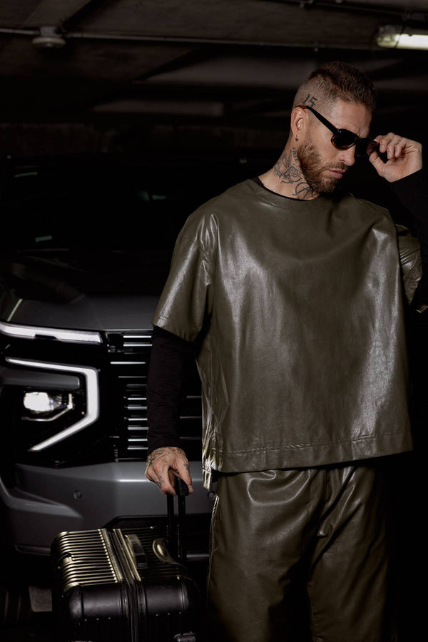 Vegan Leather Tee Army Green - ONE New York